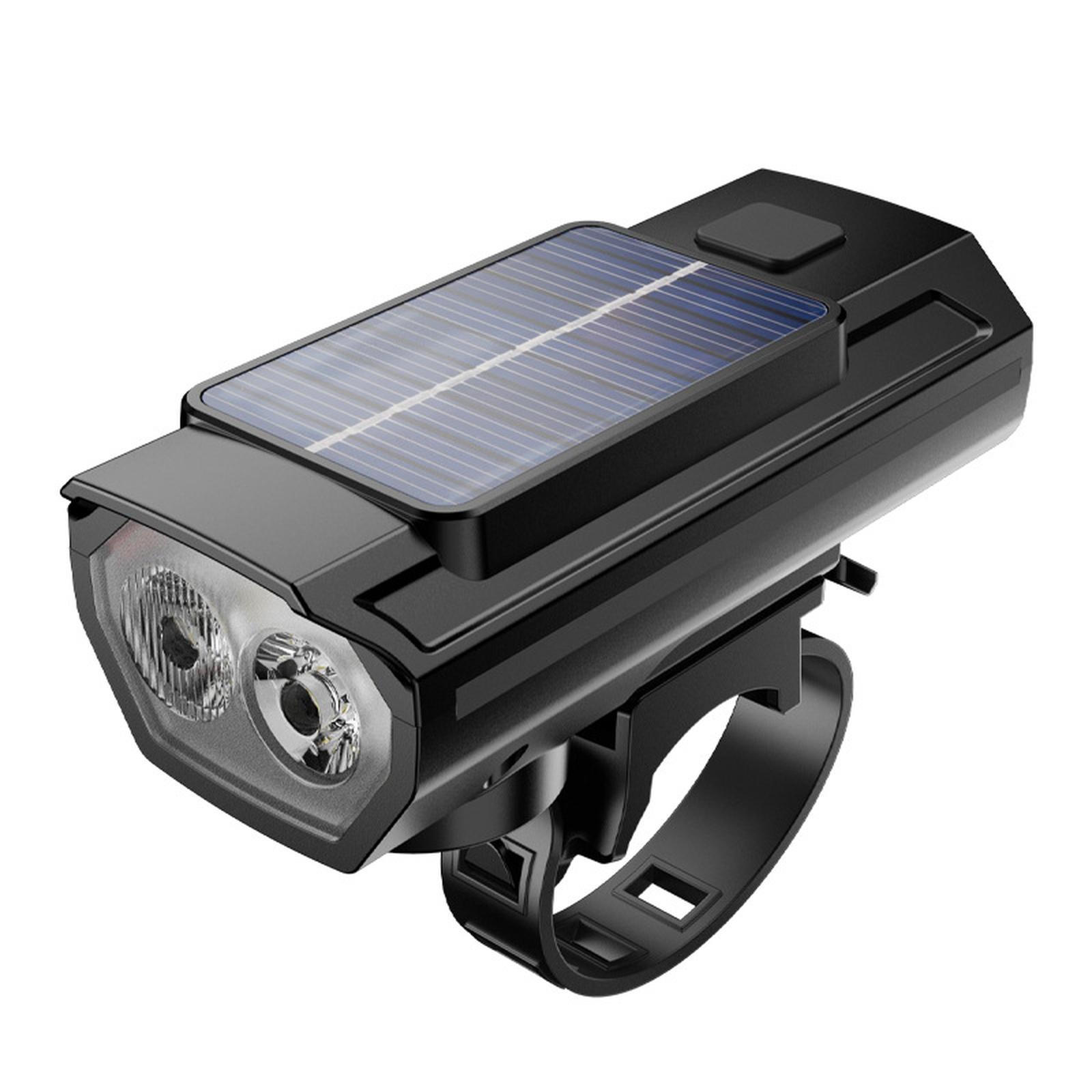 

Solar Light Bike Front Lamp with Horn USB Rechargeable Power Display Bike Flashlight Headlamp One Size
