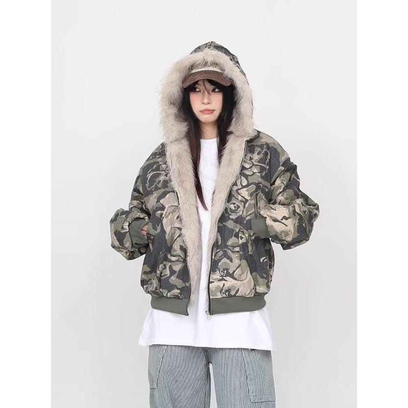 Men's Winter Camouflage Fur Collar Hooded Cotton Jacket - Thick, Scruffy, Casual Streetwear