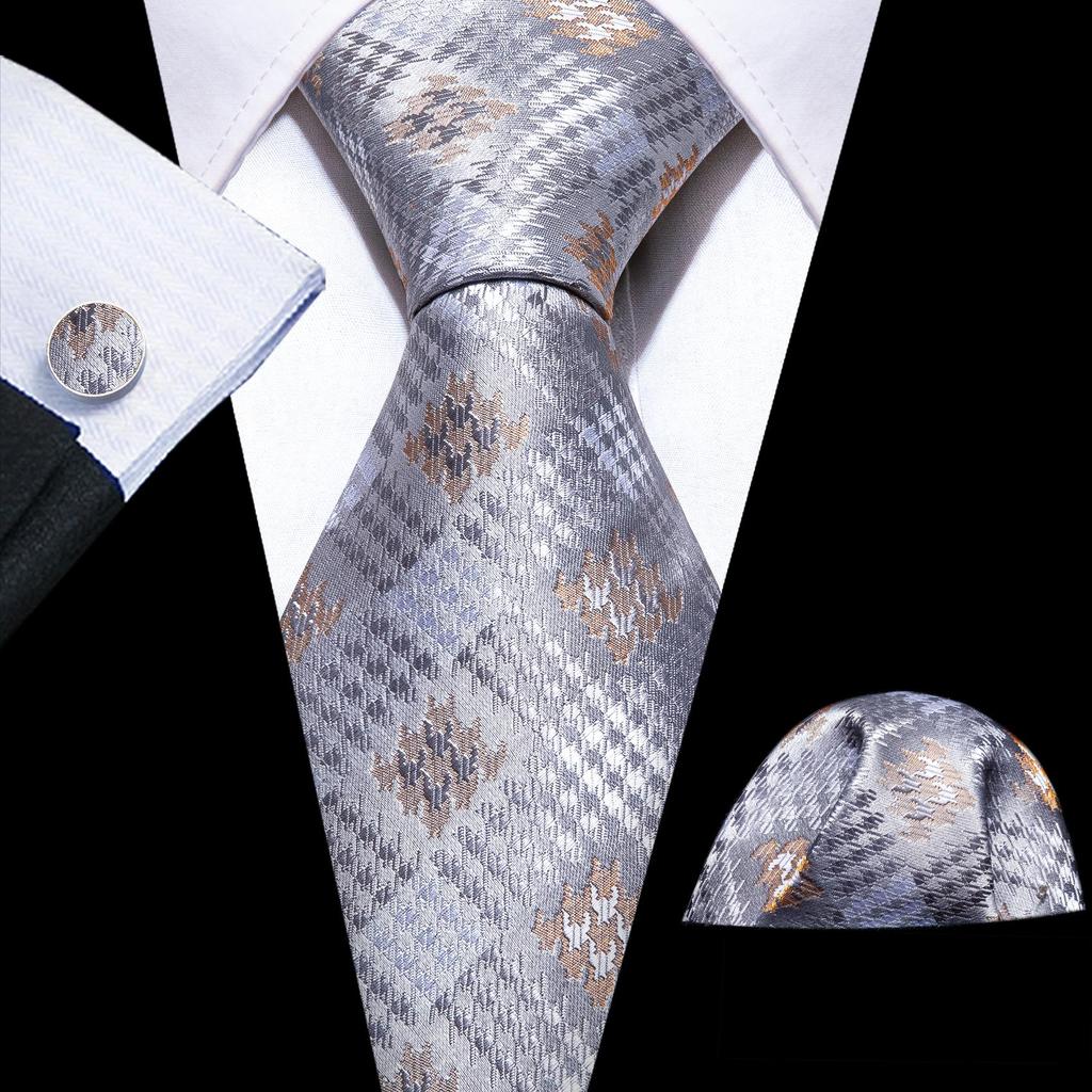 Barry.Wang Necktie Hankerchief Cufflinks Set Purple Blue Black Dots Jacquard Woven Wedding