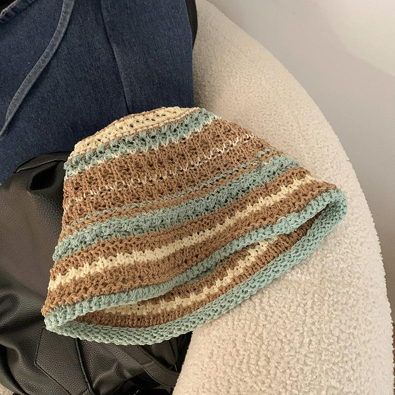 

Ladies Striped Grass Woven Fisherman Hat, Summer Hollowed Out Sun Protection And Sunshade Hat, Contrasting Color Bucket Hat