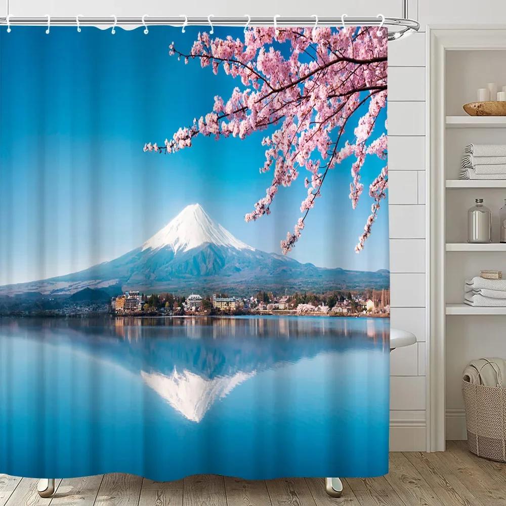 Pink Sakura Flowers Shower Curtains Japanese Cherry Blossoms Trees Floral Rustic Garden Landscape Fabric Print Bathroom Decor