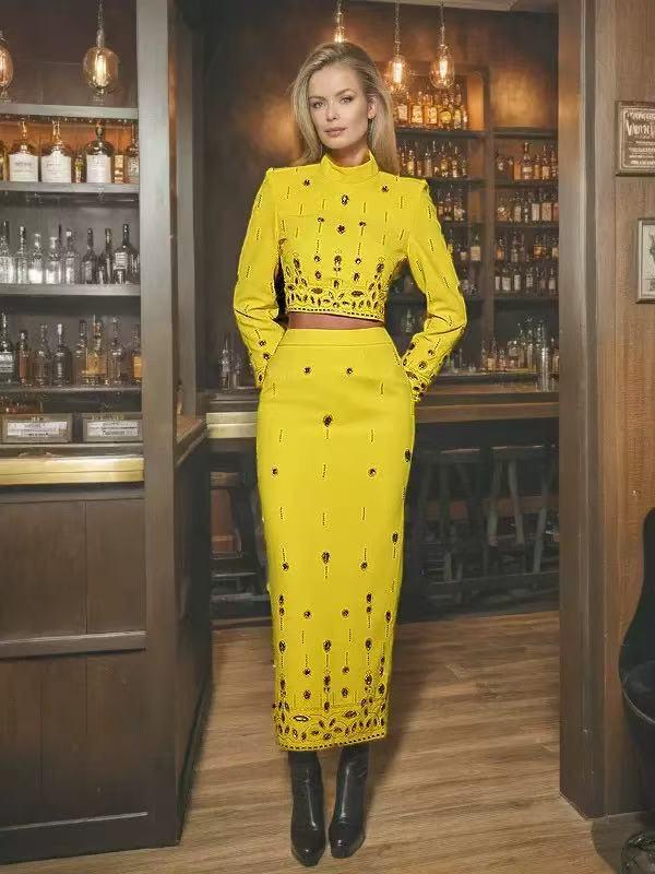 Elegant Rhinestone-Encrusted Bandage Top & Skirt Set