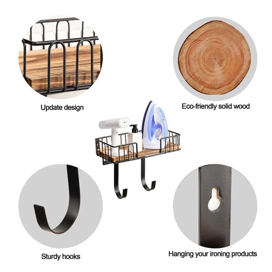 Wall Mount Ironing Board Hanger Storage Rack with Hooks Easy To Install Laundry Room Decor Organization with Storage Wood Base
