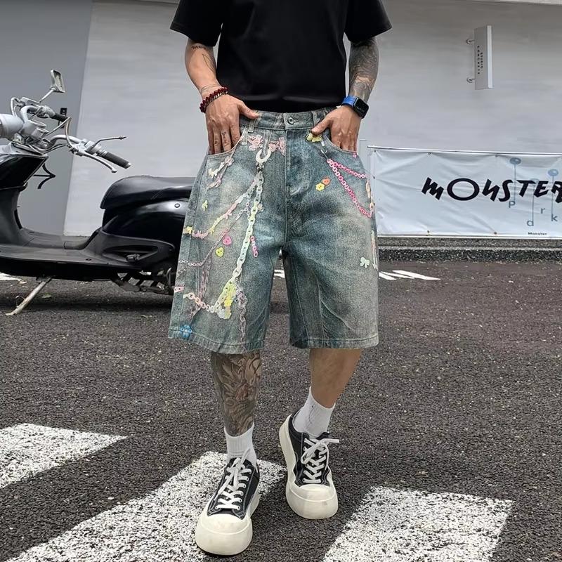 VIONA Summer Denim Shorts Men s American Street Loose Straight Leg Five Quarter Pants Washed Graffiti Printed Wide Shorts Casual Pants S