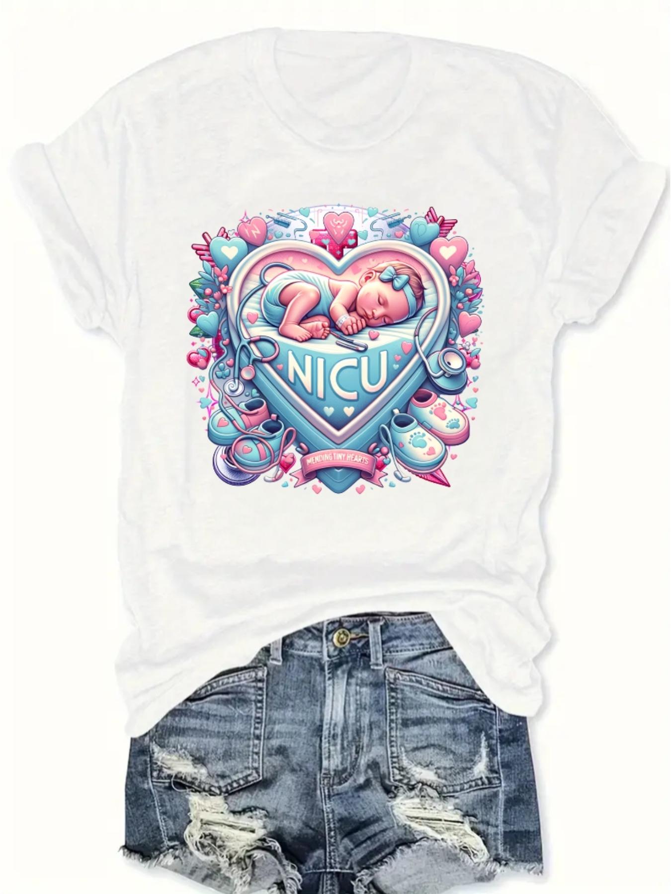 

European Size Casual Crew Neck Short Sleeve T-Shirt with Cute Graphic - NICU Design, Pink & Blue Heart Theme, All-Season Wear S белый