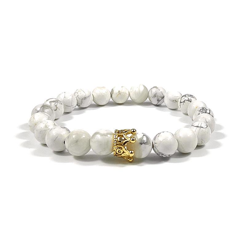 European & American Zirconia Crown Bracelet with Volcanic Stone & White Pine Beads