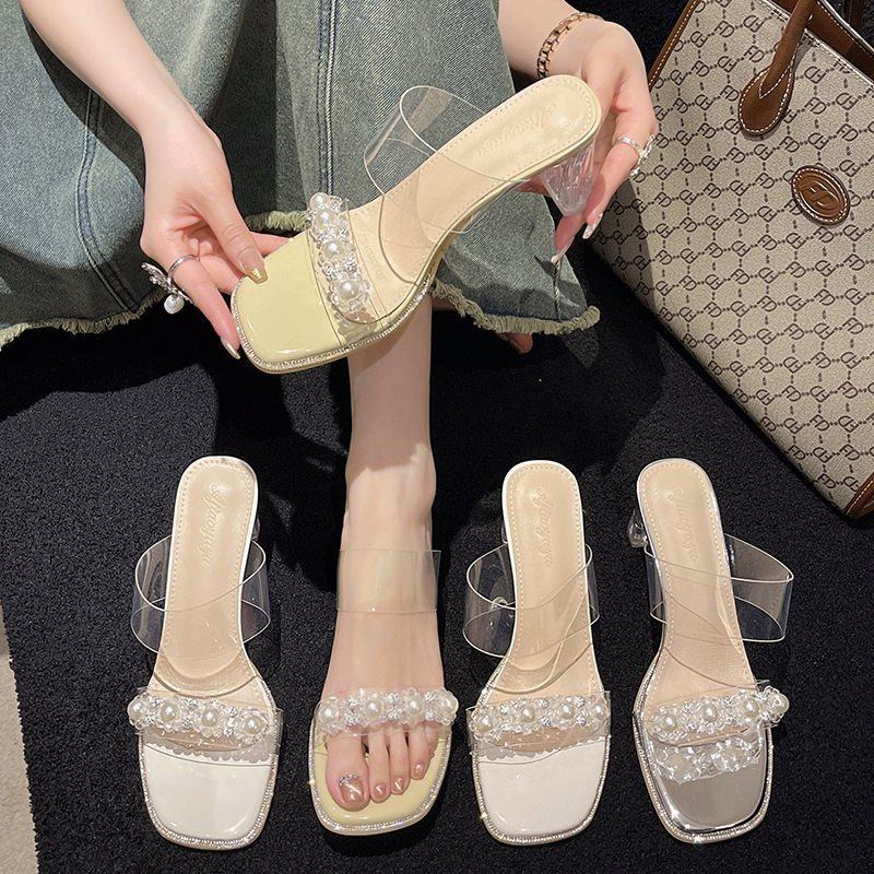Cool Slippers Women's Thick Heel Slippers Women's Outer Wear Summer Internet Celebrity Fashion Belt with One Word Transparent High Heel Crystal One W