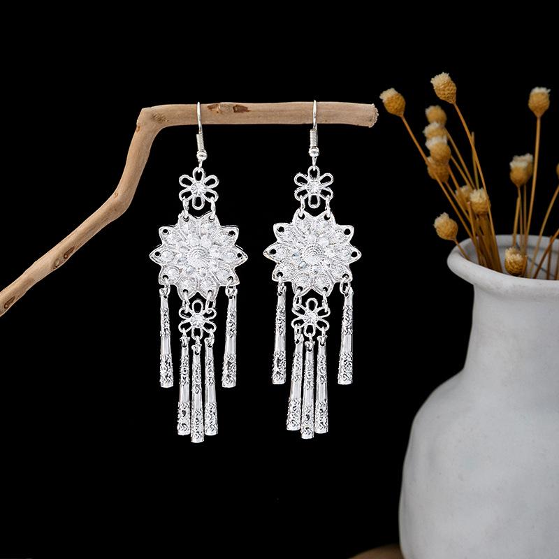 Imitation Miao Silver Ethnic Long Leaf Tassel Dangle Earrings