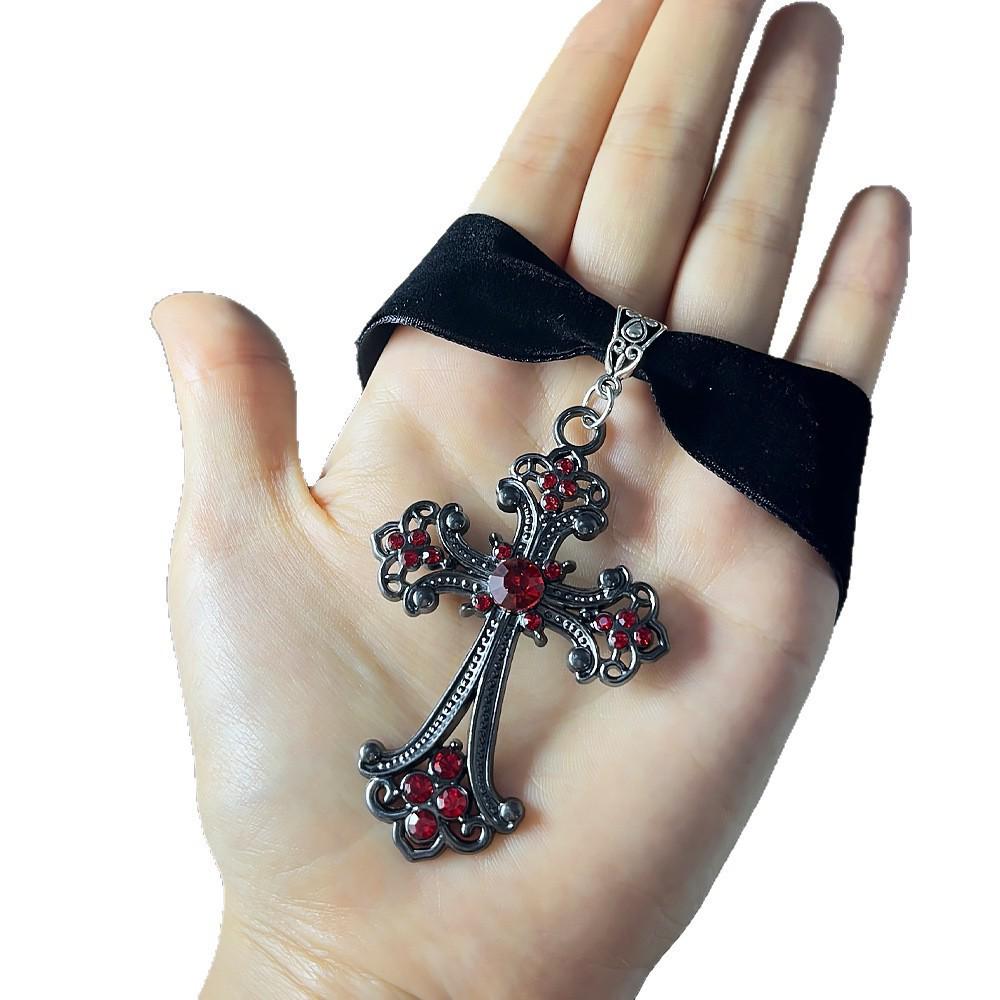 Gothic Velvet Choker with Floral Pattern and Colorful Cross Pendant