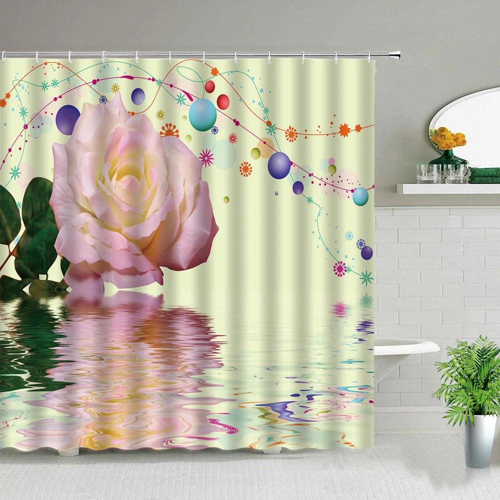 

European Retro Beautiful Pink Flowers Bathroom Curtains Oil Painting Watercolor Shower Curtain Waterproof Bathtub Home Decor 35x70in-90x180cm