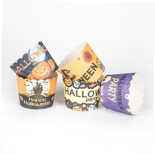 OKUMEYR 150pcs Thick Muffin Cups, Standing Cake Molds with Ghost Decorations, Halloween Cupcake Paper, Halloween Cupcake Wrappers, Gold Paper Cups, Ca