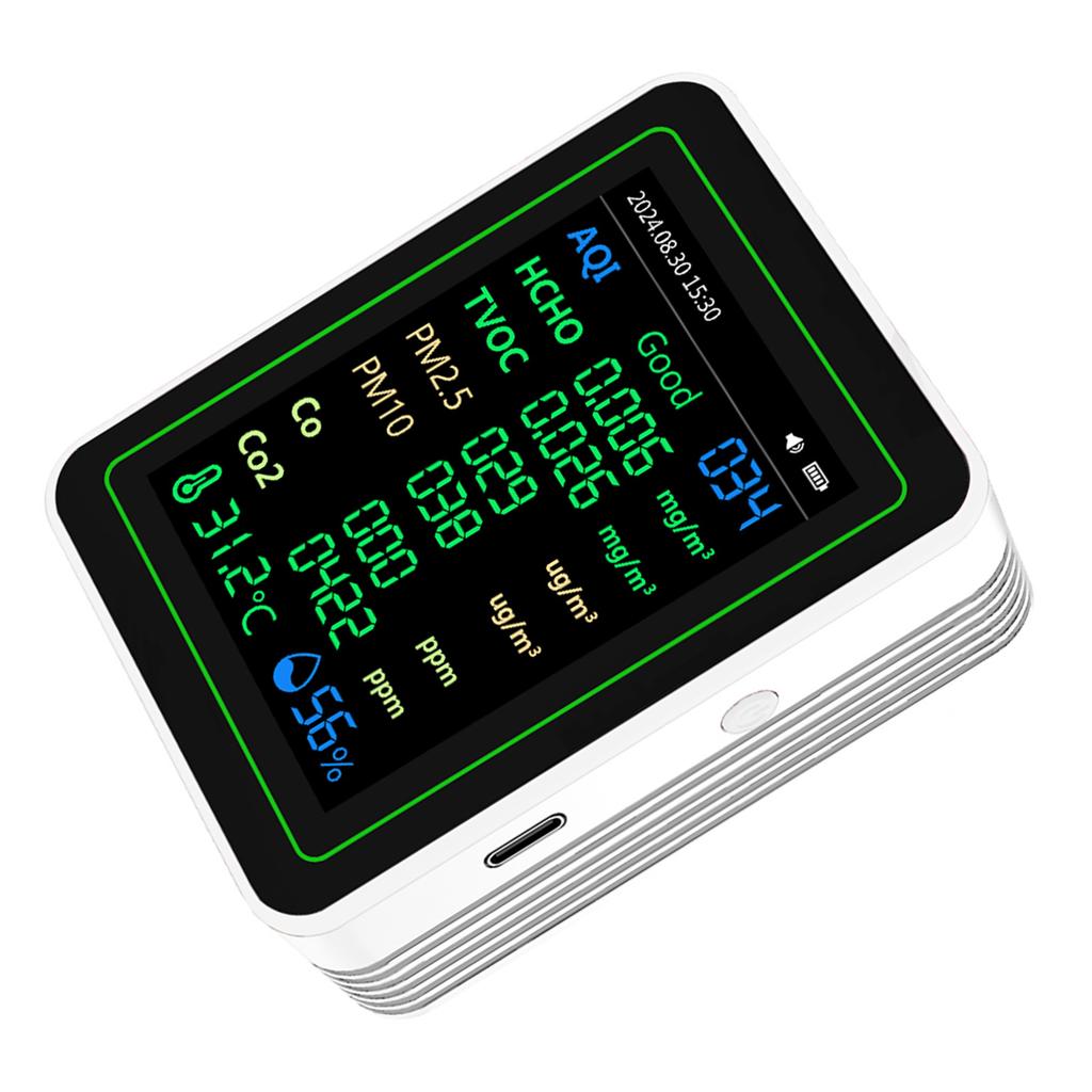 Air Quality Tester CO2 HCHO TVOC PM2.5 PM10 Temperature Humidity Sensor TFT Screen Air Quality Detector White