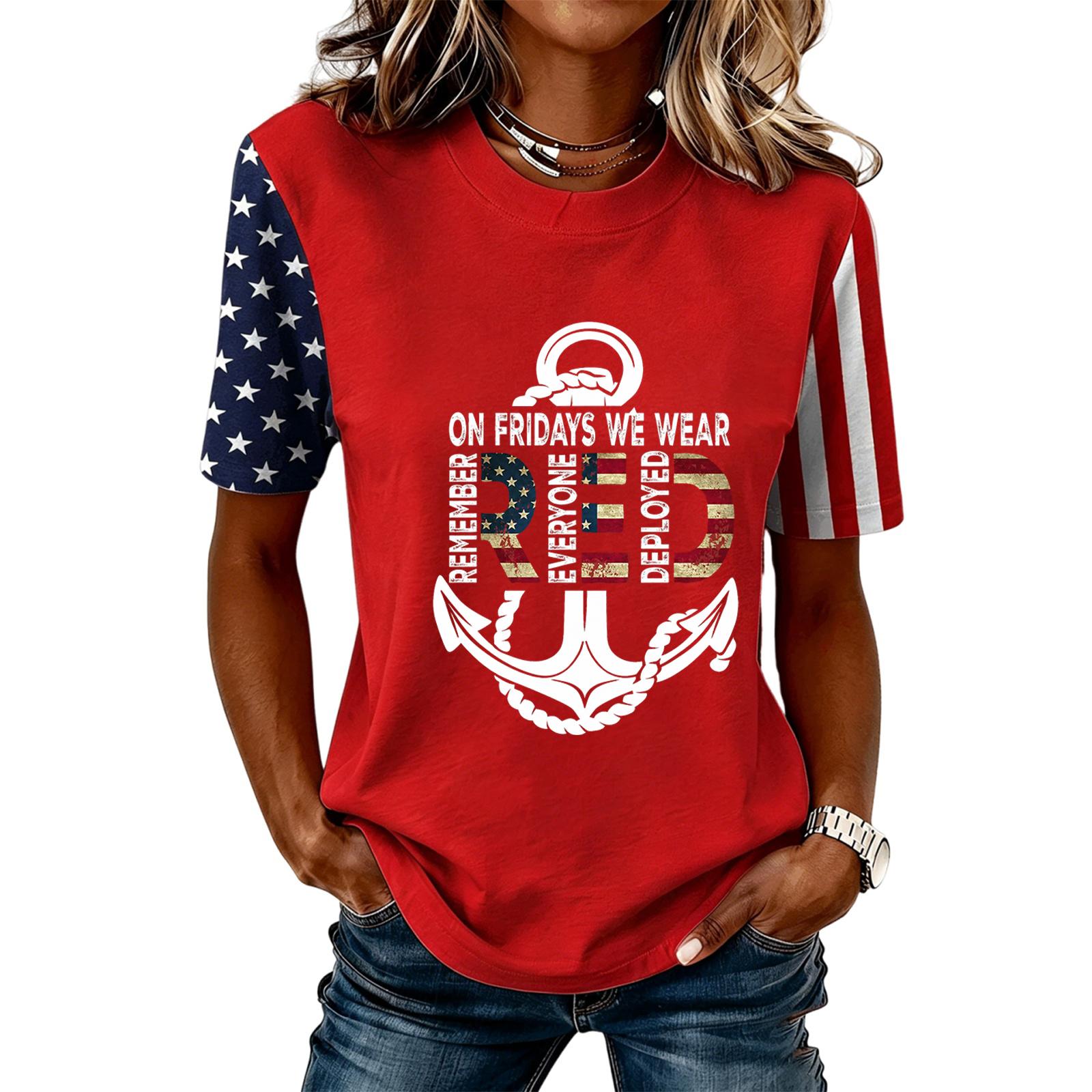 

Women Casual Short Sleeve T Shirt Crew Neck Letter Print Top Stars and Stripes Sleeve Design Comfortable Fit L