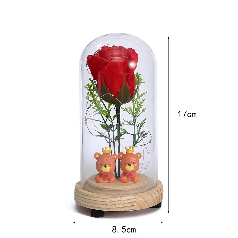 Cartoon cute couple bear desktop ornament, eternal flower glass cover luminous led night light home decoration