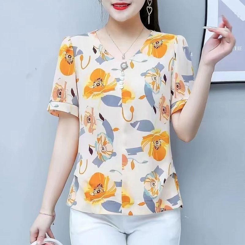 Office Lady Plant Flowers Printed Shirt Korean Casual V-Neck Button Summer Female Chic Pearl Three-dimensional Decoration Blouse