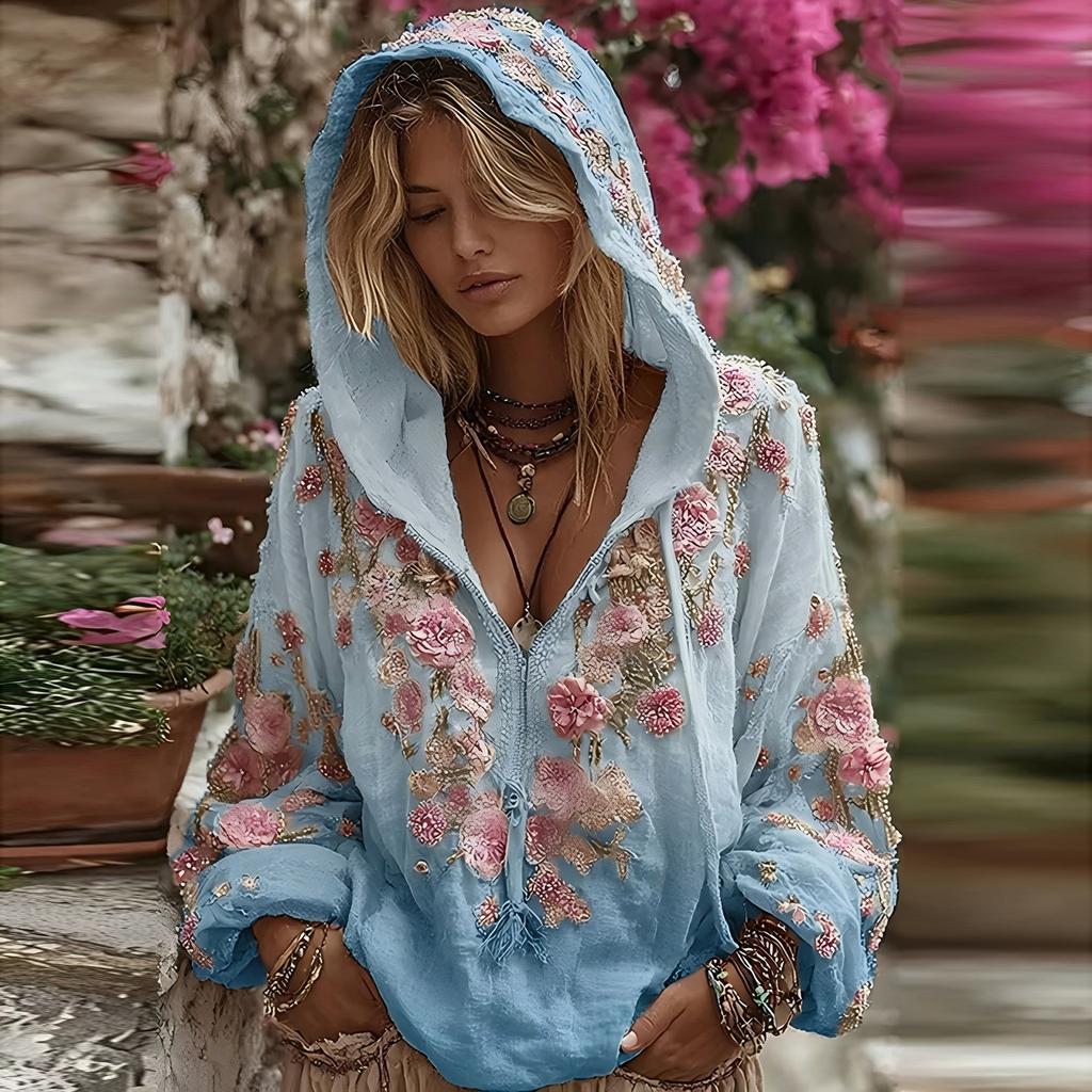 Damska Moda Bluza z Długim Rękawem z Kapturem w Stylu Vintage z Nadrukiem Kwiatowym Casualowa