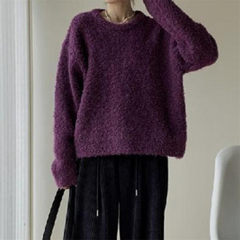 Circle Yarn Solid Color Crew Neck Pullover Sweater Women's Autumn and Winter New Loose Lazy Wind Knitted Sweater