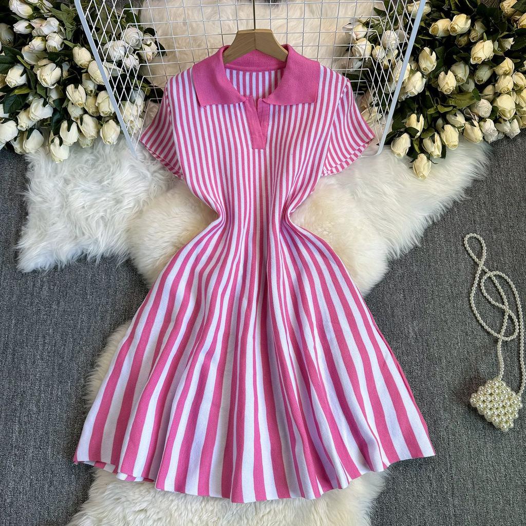 French Contrasting Color Retro Lapel Short-sleeved Striped Knitted Dress, Women's Waist Temperament and Thin A-word Short Skirt