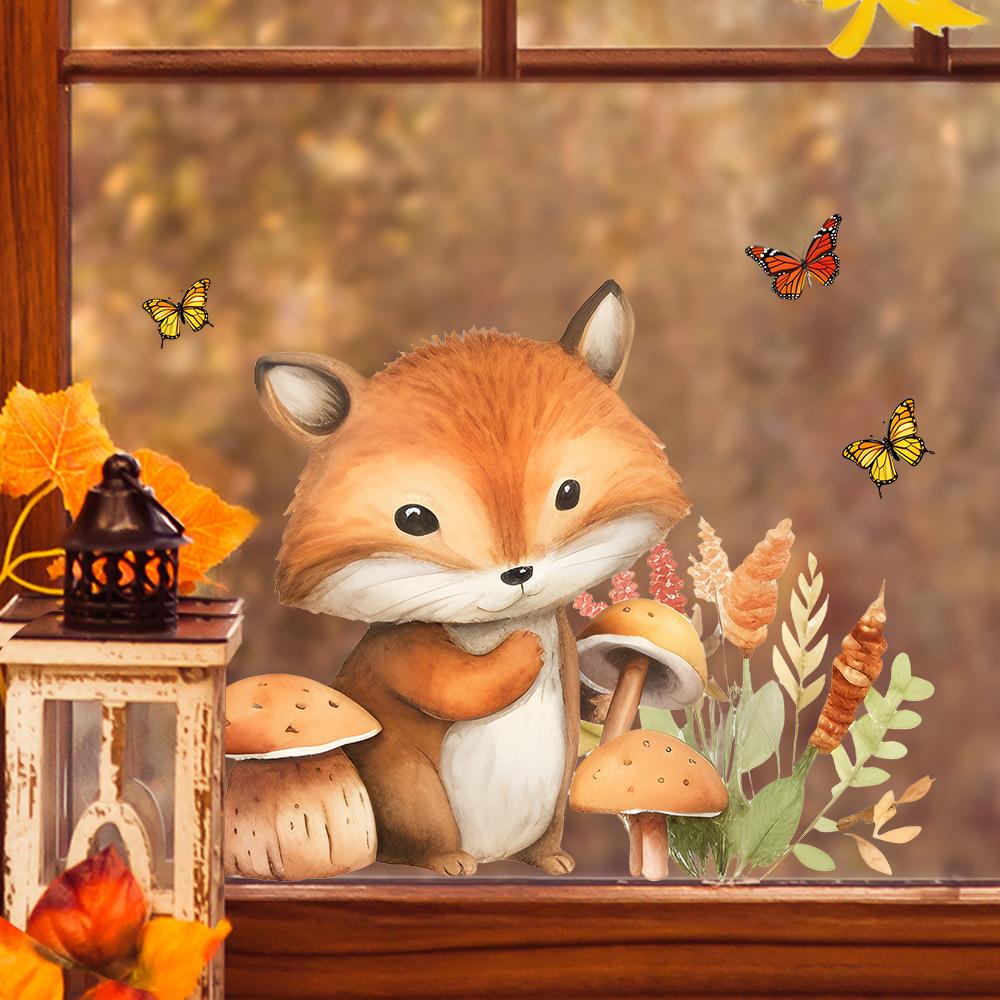 Watercolor Fox and Mushroom Window Stickers, Self-Adhesive Removable Forest Theme Decor for Glass Windows Doors