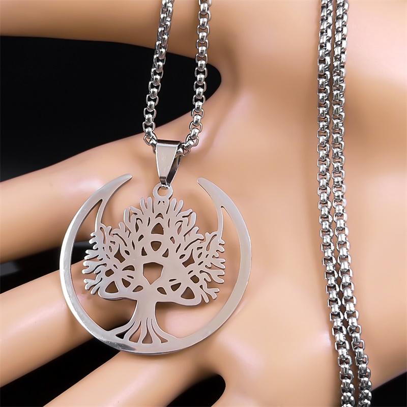 Witch Moon Trinity Knot Tree of Life Necklace for Women Men Stainless Steel Silver Color Aesthetic Amulet Chain Jewelry N9745S02