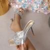 Euro - Showstopper Clear - Strap Heel Mules Women, Silver Glitter Embellished Party Shoes, Stylish Dance Floor Footwear
