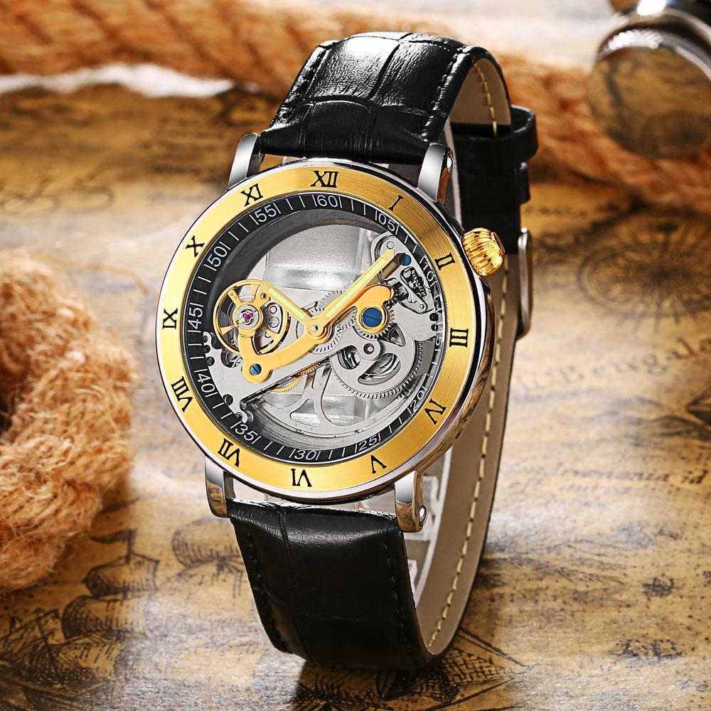 New Men's Watch Tourbillon Mechanical Watches Transparent Hollow Automatic Self Wind Watches Leather Band Skeleton Relojes