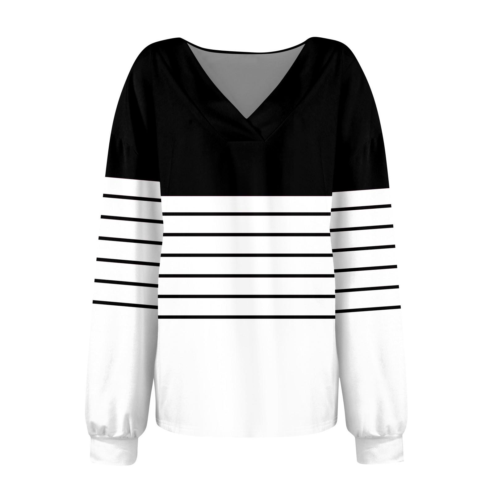 Женская мода полосатый принт V-образный вырез длинный рукав свободный пуловер свитшот — фото 4