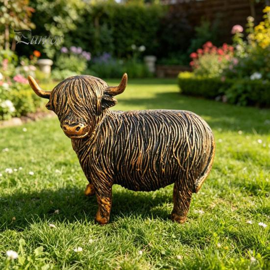 Vintage Copper Finish Garden Art Highland Yak Resin Figurines, Bronze Animal Statues, Weatherproof Sitting Set Farmhouse Decor for Living Room