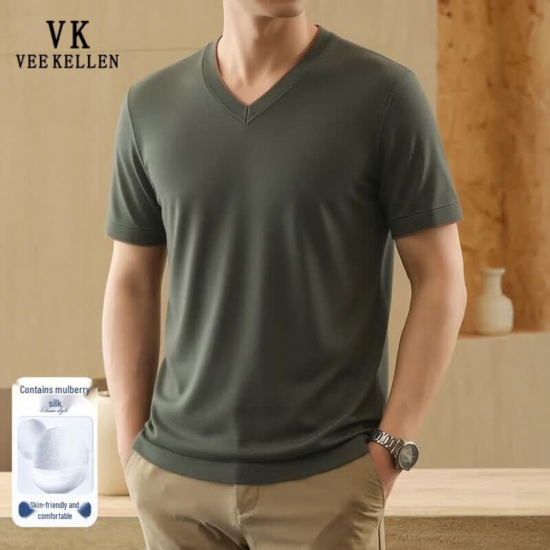 VEE KELLEN Men's Silk Blend V-Neck Short Sleeve T-Shirt