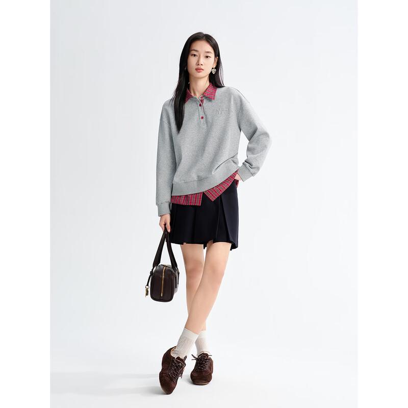 Women's College Style Faux Two-Piece Plaid Sweatshirt