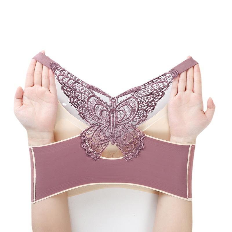 Women Elegant Seamless Gathering Bra Solid Color Smooth Butterfly Embroidery Beautiful Back Underwear 3D Soft Bra