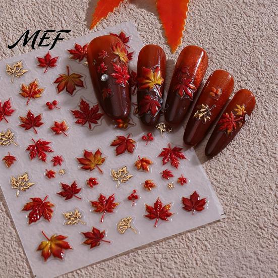 Waterproof Nail Art Stickers Autumn Maple Leaf Stickers, Self-Adhesive Fall Leaves Decals, Theme Women Embossed Manicure for Home and Salon