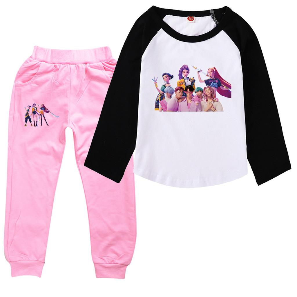 Kids Girls Anime Cartoon K-Pop Rumi Printed Casual Raglan Long Sleeves T-Shirt Pants Clothes Set
