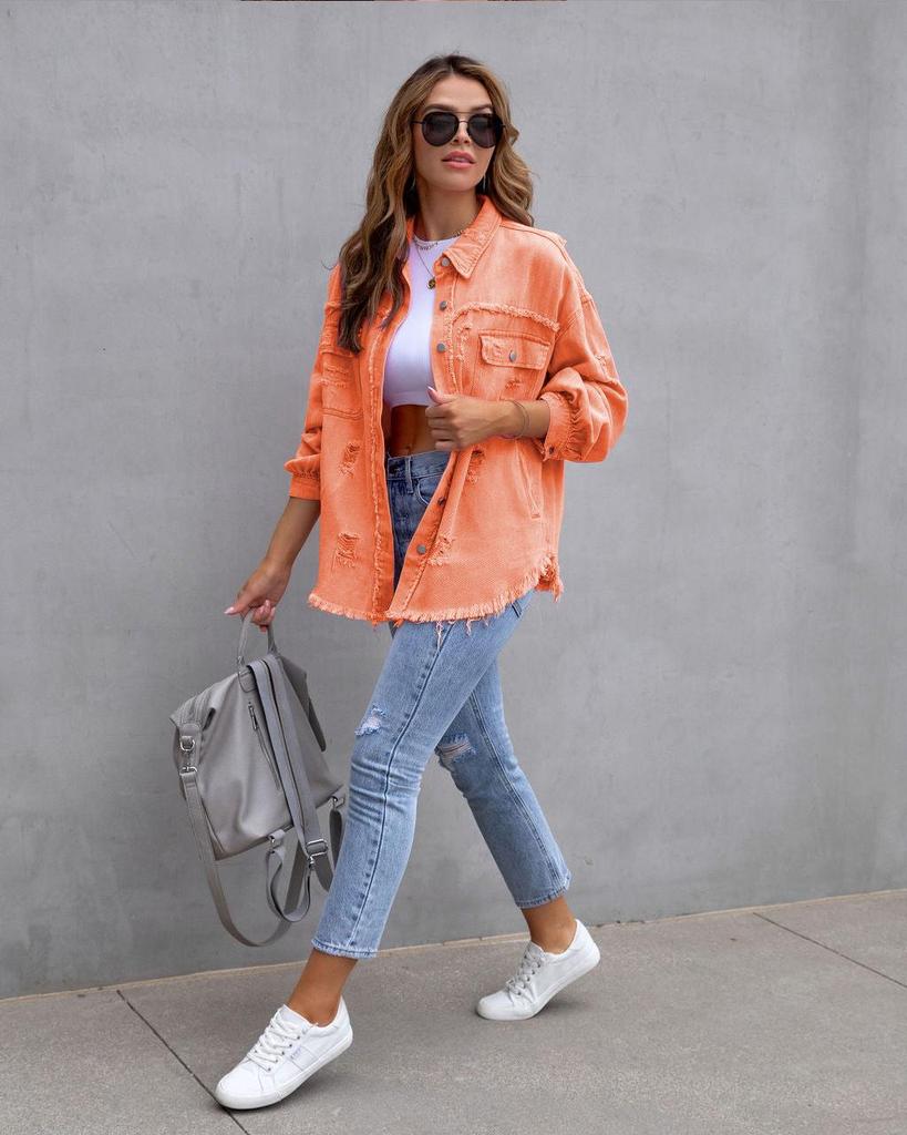 New 2023 Women's Autumn/Winter Denim Cardigan - Solid Color, Single-Breasted Turn-Down Collar Shirt Jacket