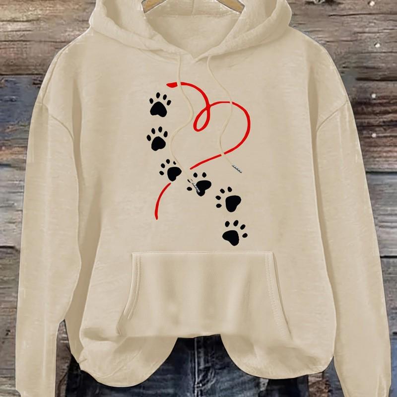 Women's Heart & Paw Print Casual Hoodie - Cozy Polyester Pullover