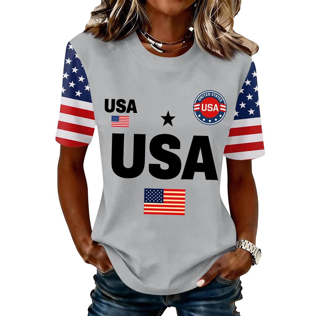 Blusa Feminina da Moda Casual de Manga Curta com Estampa e Gola Redonda