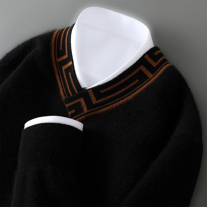 Twelve Needle Double-strand High-strength Color-blocking Cross V-neck Cardigan Men's Autumn and Winter New Fashionable and Versatile Base Shirt