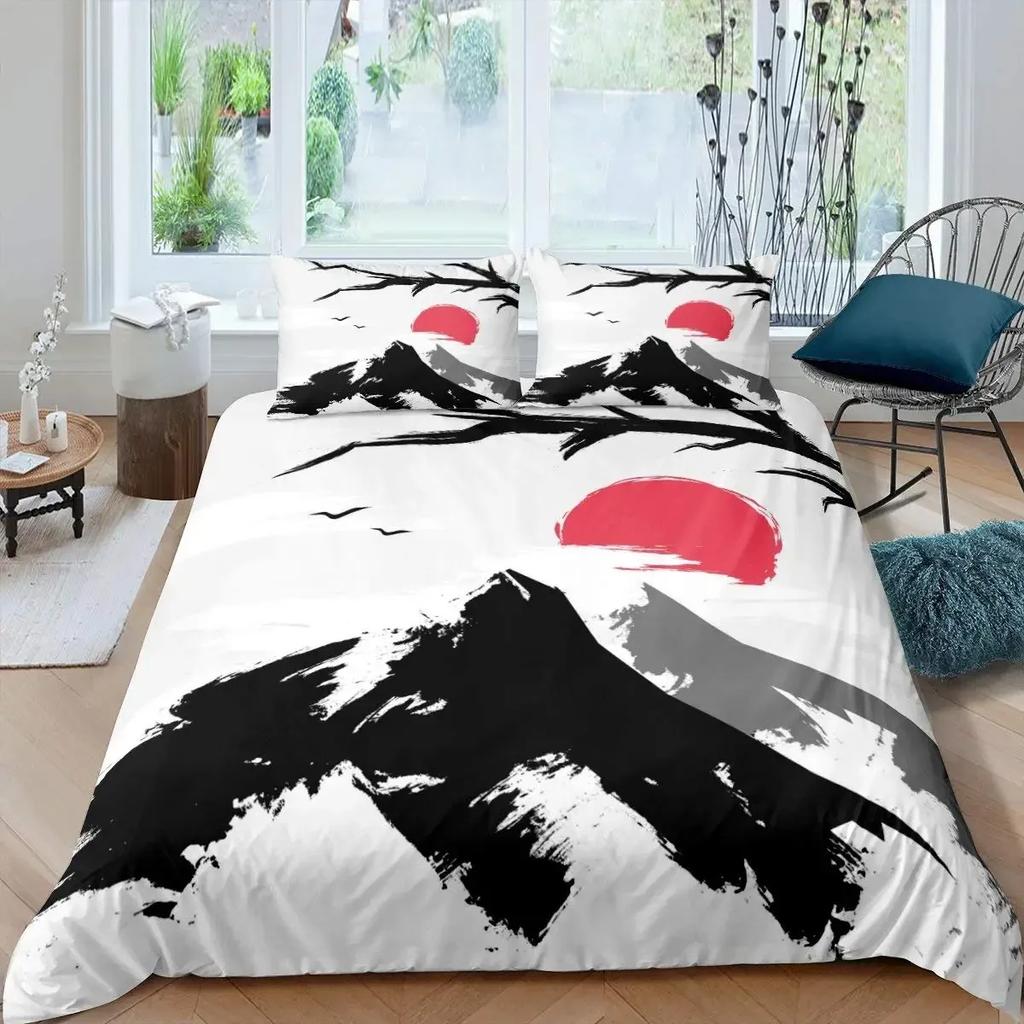 Japan Mount Fuji Duvet Cover Set Cherry Comforter Cover Retro Tower Bedding Set Japanese Ukiyo-E Bedspread Cover Full Queen Size