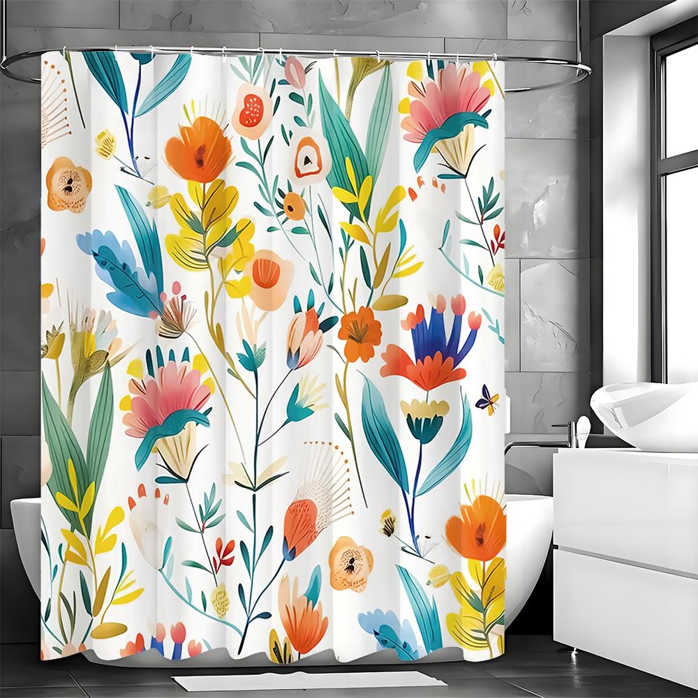 Colorful Flower Shower Curtain, Bathroom Decorative Shower Curtain, Waterproof Shower Curtain with Hooks