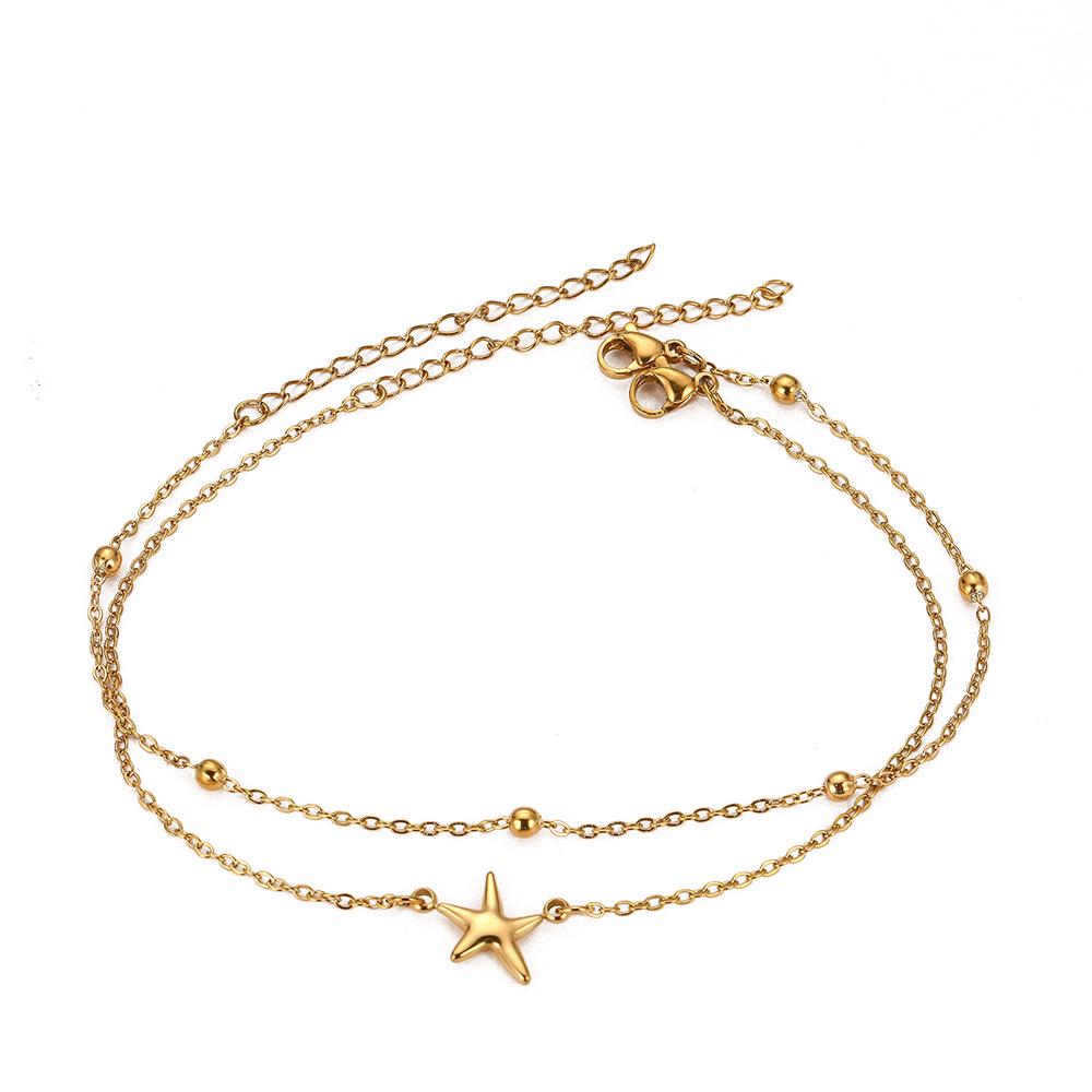 2Pcs/Set Stainless Steel Star Double-Layer Anklets for Women Ladies Waterproof Small Hole Bead Foot Chains Jewelry Accessories