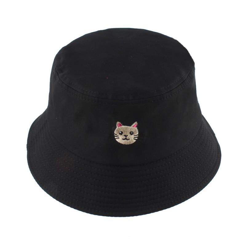 Unisex Cotton Blend Fisherman Hat With Cat Embroidery Wide Brim Outdoor Cap Winter