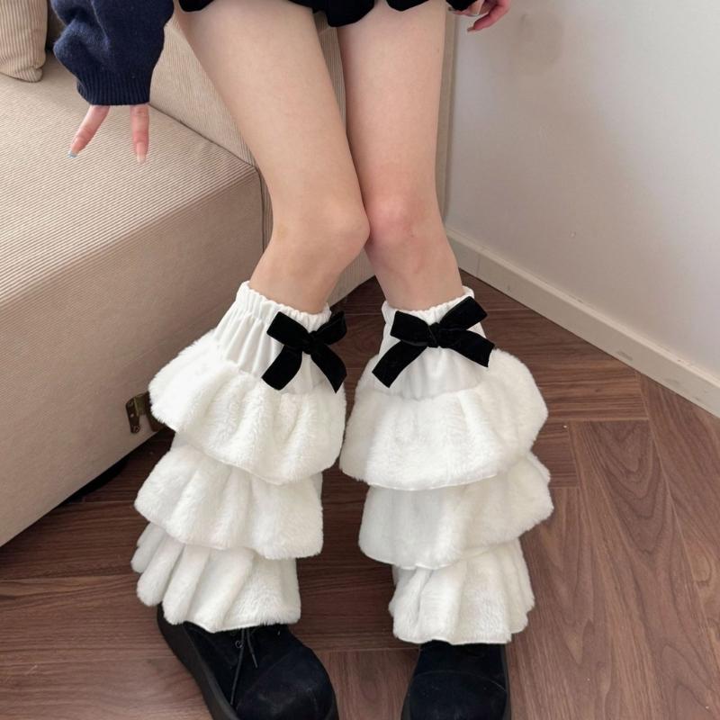 Women Plush Tiered Ruffle Leg Warmers with Bowknot Fuzzy Winter Boot Cuffs Thick Warm Furry Foot Covers Footless Socks
