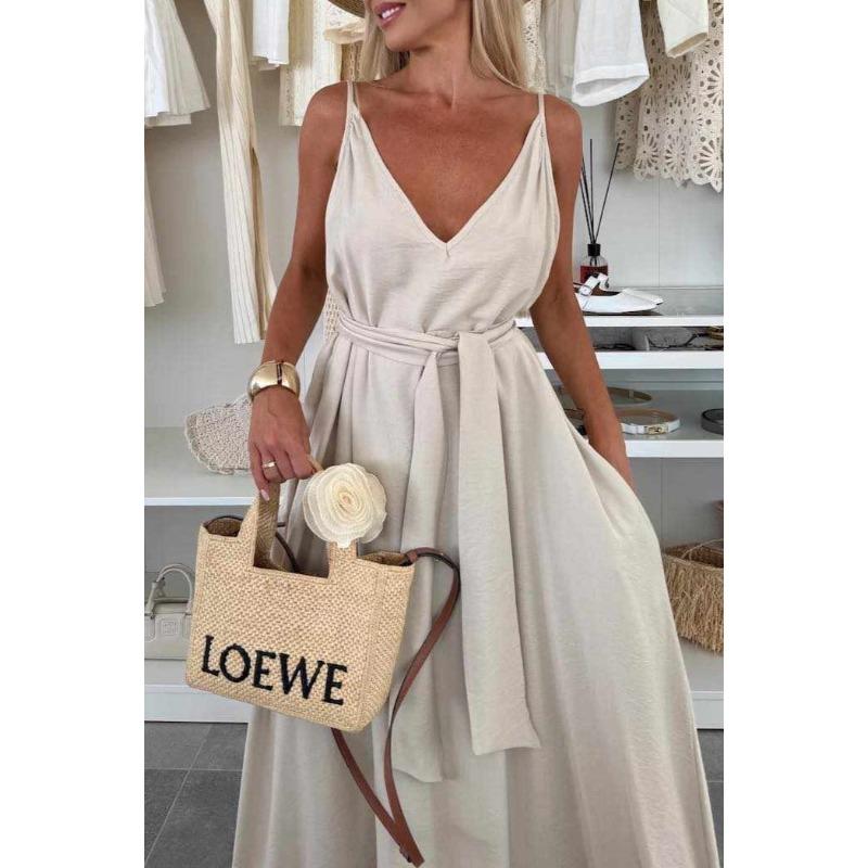 DAFIFY Women's Fashion Summer Spring Solid Color Print Sleeveless V-Neck Loose Waistline Casual Dresses