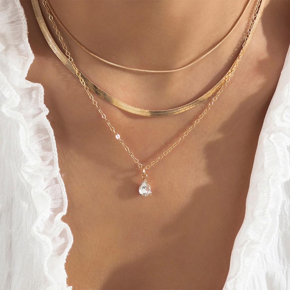 European American Cool Style Stacking Diamond Clavicle Necklace - Sweet, Simple Metal Water Drop Design