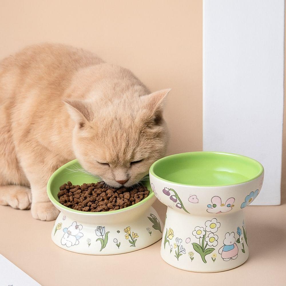 Green Rabbit Ceramic Cat Bowl Non-Slip Diagonal Pet Feeding Bowl Flower Pattern Water Bowl Cervical Vertebra Protection