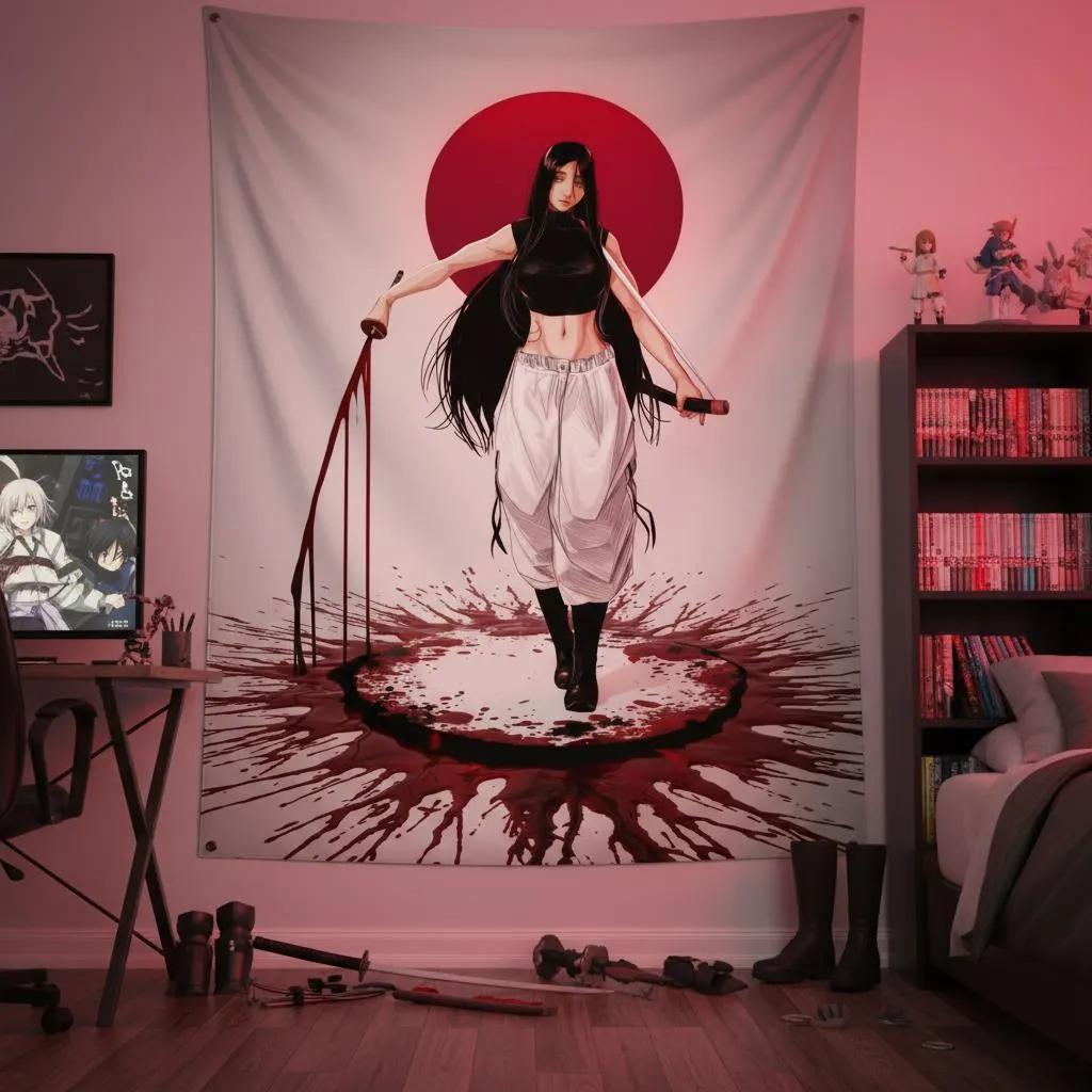 

Темная Гот Самурайский Гобелен Женщина-Воин Настенное Украшение Красный Круг Кровь Арт Японский Стиль Декор Катана Гот Декор Комнаты 74x94cm(29x37in)