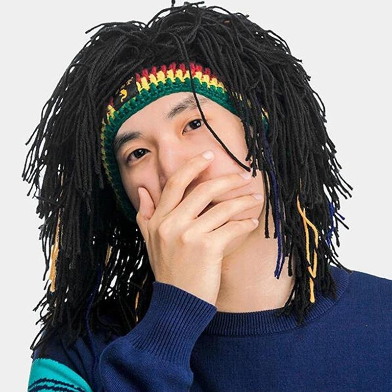Jamaikanische Strickperücke Zopfmütze Unisex Haarhut Handgefertigt Ausgefallene Perückenkappen Halloween Geisterhaus Perücke Schwarz
