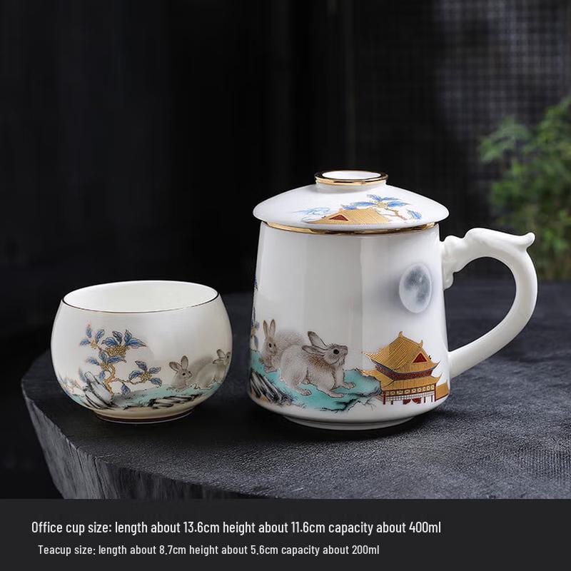 Кружка-ситечко для чая из фарфора с изображением Нефритового кролика и нефритовой глазурью