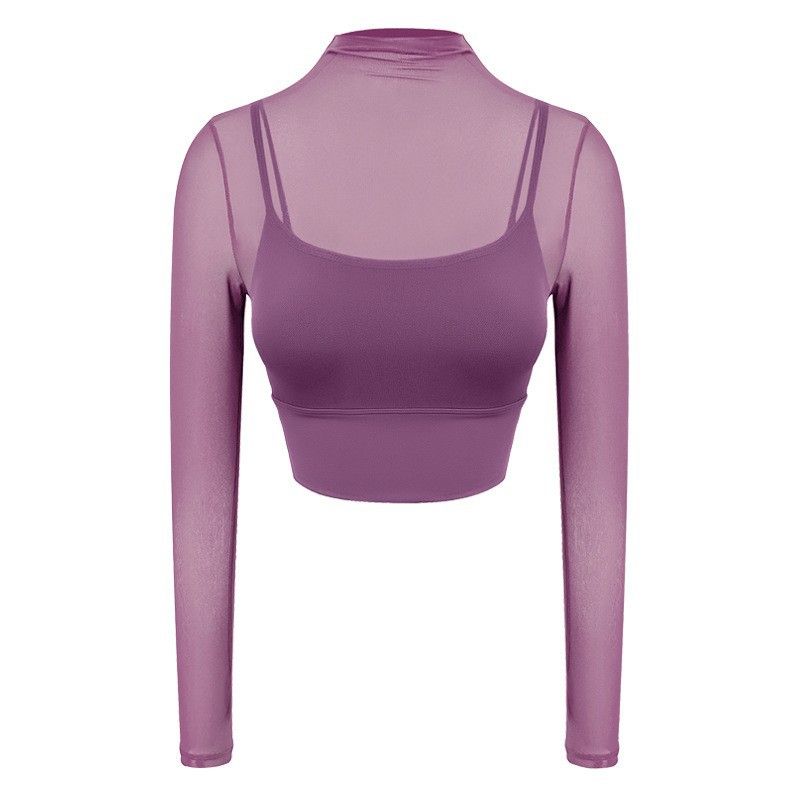 

Сетчатая одежда для йоги для женщин Новое поступление Фиксированная цельная чашка Нагрудная накладка Длинные рукава Фитнес Бег Упражнения Лоскутное шитье Имитация двух частей Футболки Grape purple Long sleeves L