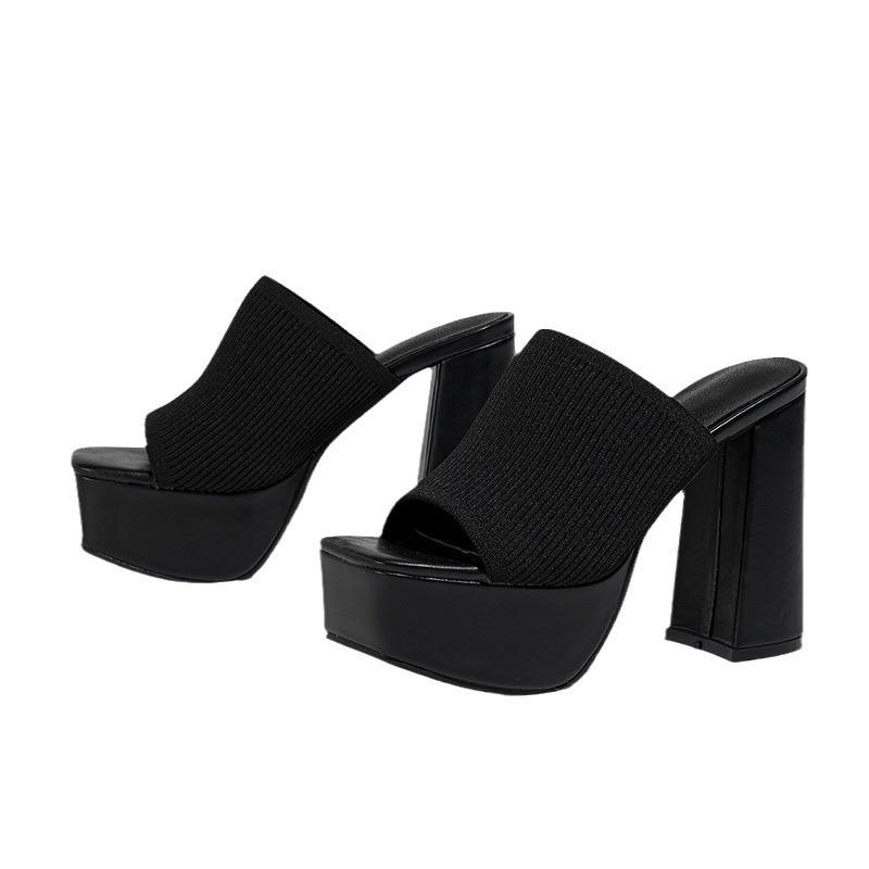 Fashion Roman style knitted platform slippers chunky high heels women's open toe fashionable pumps sandals size 35-42